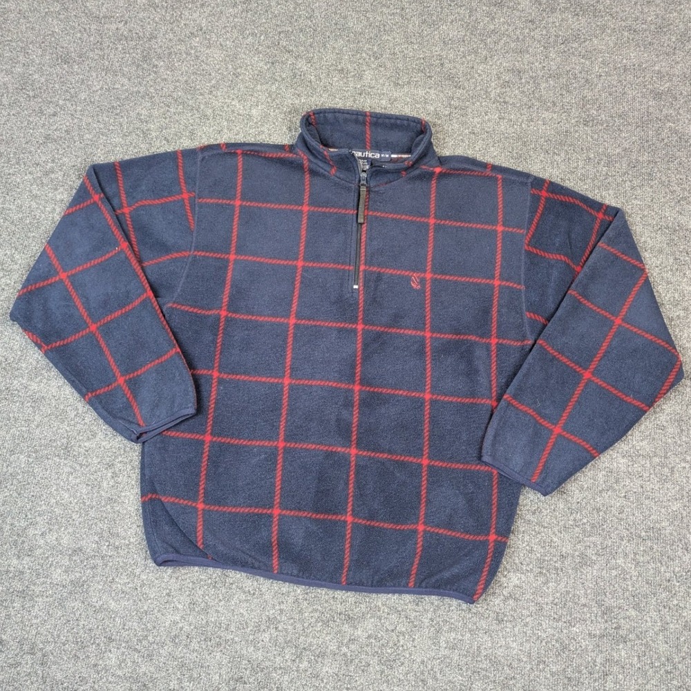 Nautica Mens Medium Fleece Quarter Zip Pullover Navy Blue Red Windowpane Plaid